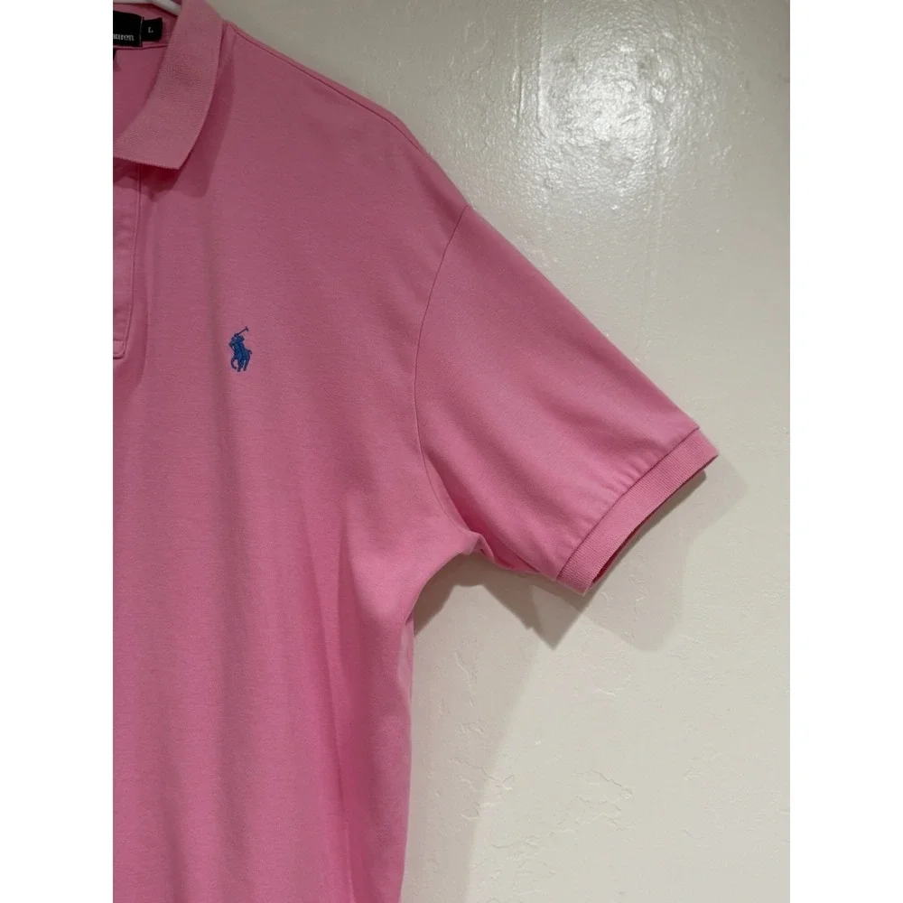 Polo Ralph Lauren Mens Large Pink Short Sleeve Cotton Pique Polo Shirt Blue Pony